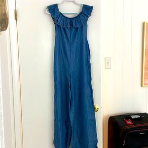 Denim color summer weight romper. Slim fit.